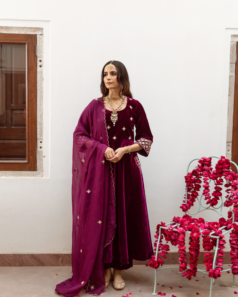 Zeya - Velvet Embroidered Suit Set by Maison Shefali in purple color for women Worldwide