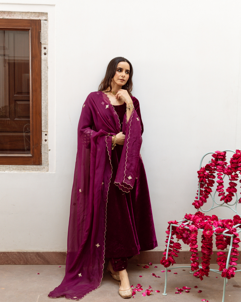 Zeya - Velvet Embroidered Suit Set by Maison Shefali in purple color for women Worldwide