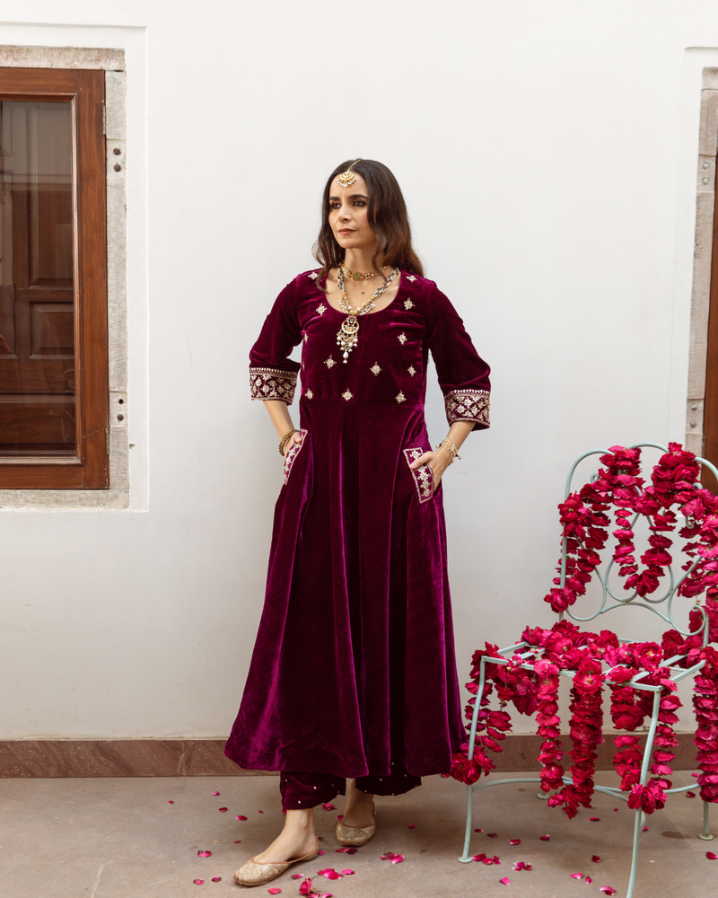 Zeya - Velvet Embroidered Suit Set by Maison Shefali in purple color for women Worldwide
