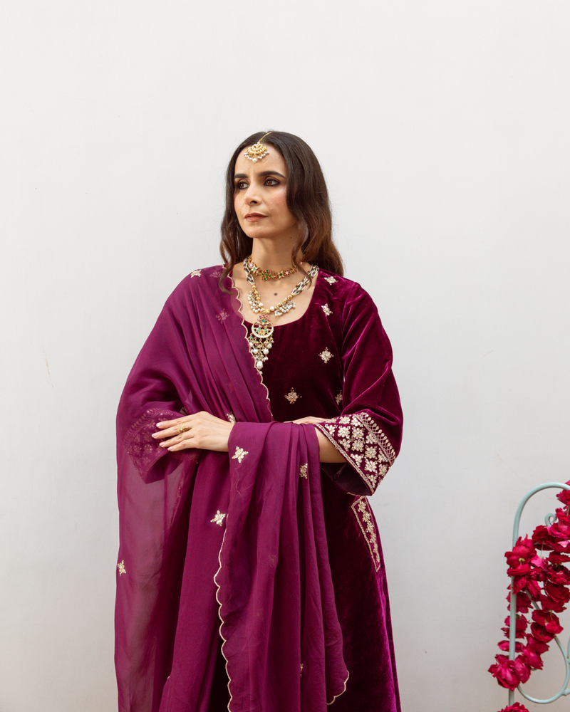 Zeya - Velvet Embroidered Suit Set by Maison Shefali in purple color for women Worldwide