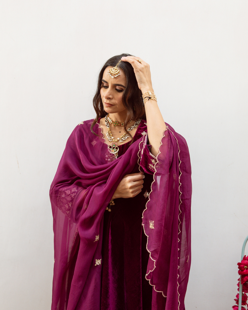 Zeya - Velvet Embroidered Suit Set by Maison Shefali in purple color for women Worldwide