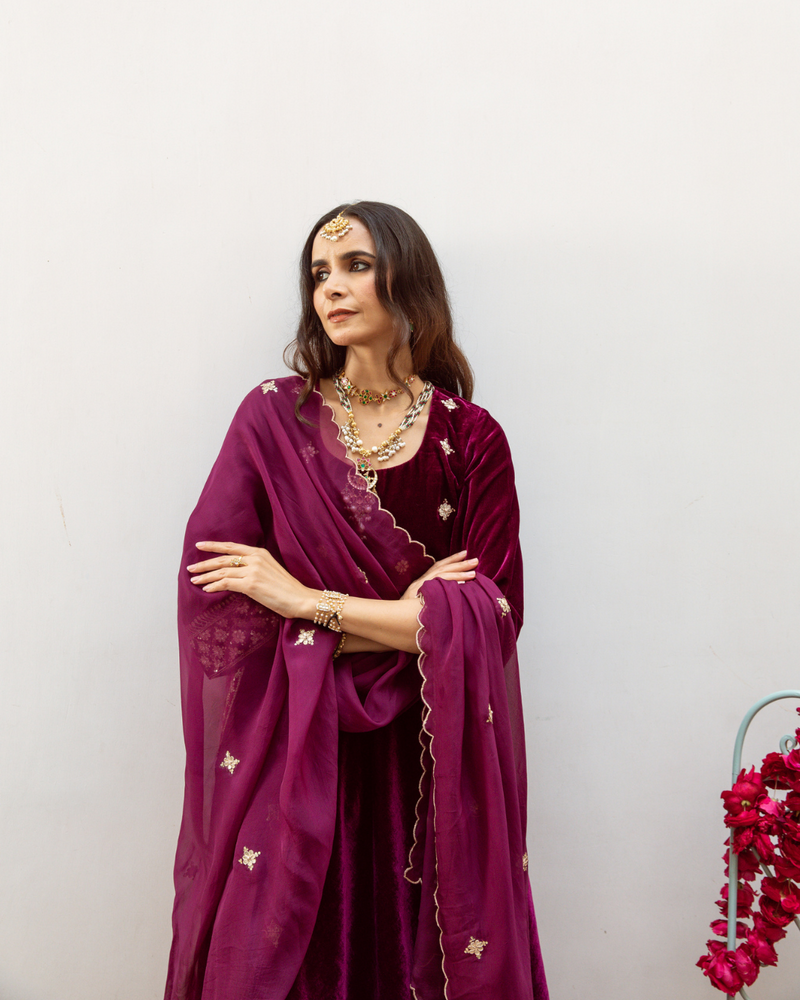 Zeya - Velvet Embroidered Suit Set by Maison Shefali in purple color for women Worldwide