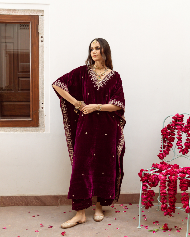 Ibtida - Velvet Embroidered Kaftan Set silk by Maison Shefali in purple color for women Worldwide