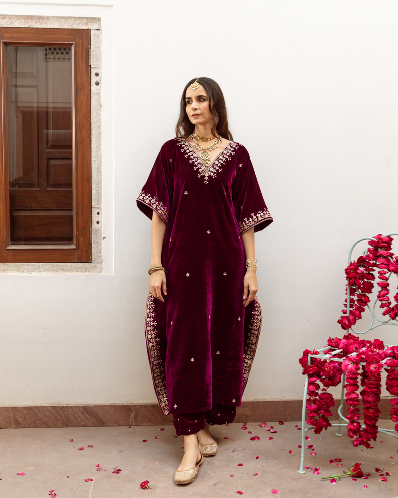 Ibtida - Velvet Embroidered Kaftan Set silk by Maison Shefali in purple color for women Worldwide