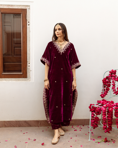 Ibtida - Velvet Embroidered Kaftan Set