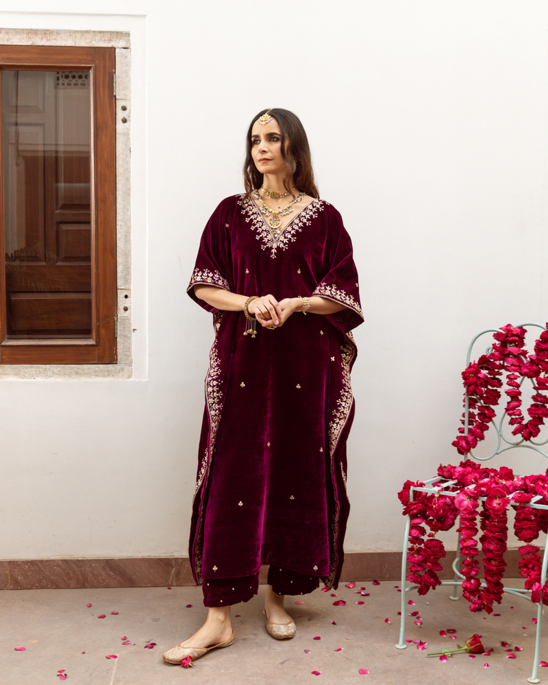Ibtida - Velvet Embroidered Kaftan Set silk by Maison Shefali in purple color for women Worldwide