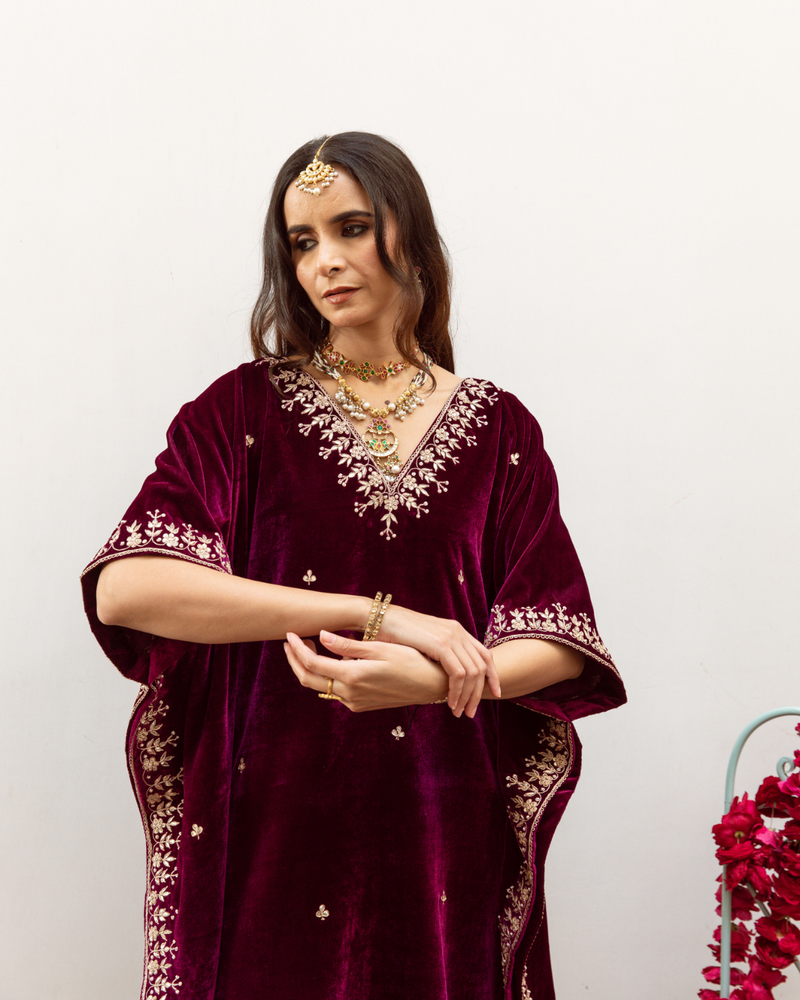 Ibtida - Velvet Embroidered Kaftan Set silk by Maison Shefali in purple color for women Worldwide