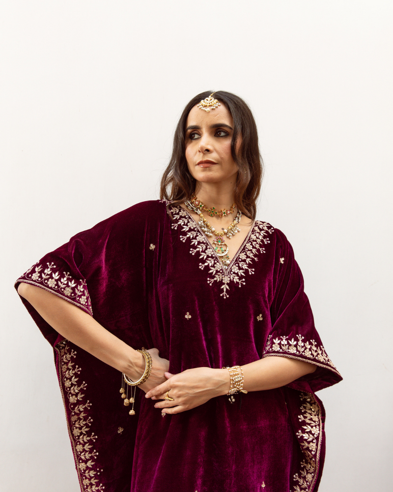 Ibtida - Velvet Embroidered Kaftan Set silk by Maison Shefali in purple color for women Worldwide