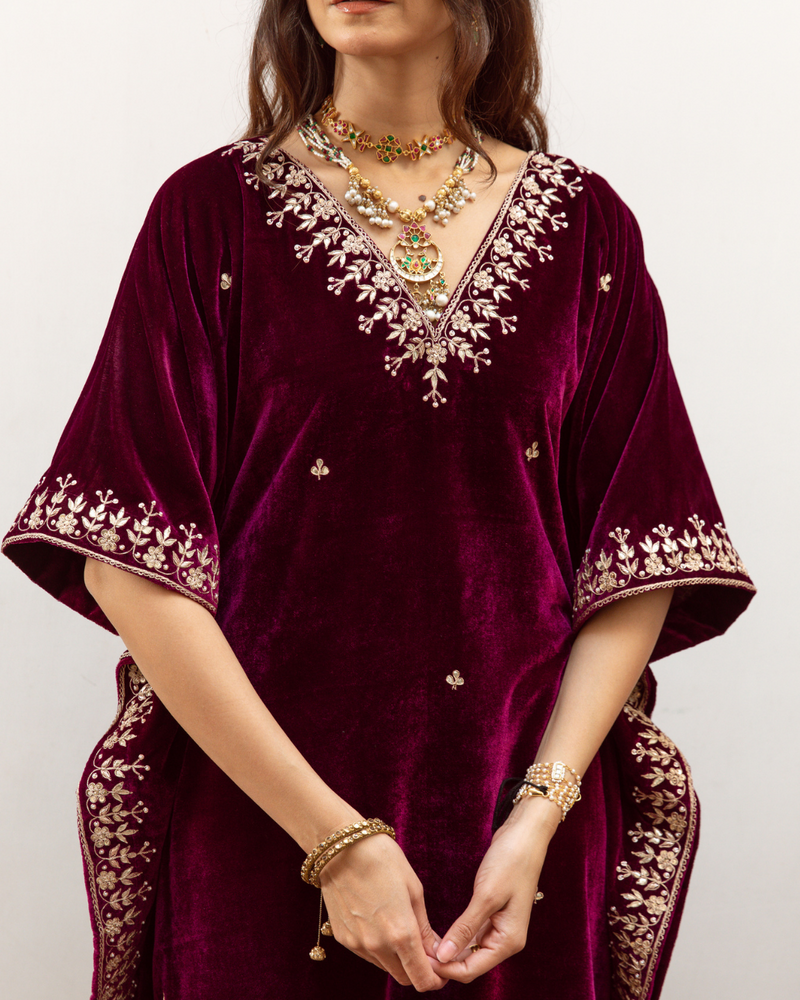 Ibtida - Velvet Embroidered Kaftan Set silk by Maison Shefali in purple color for women Worldwide
