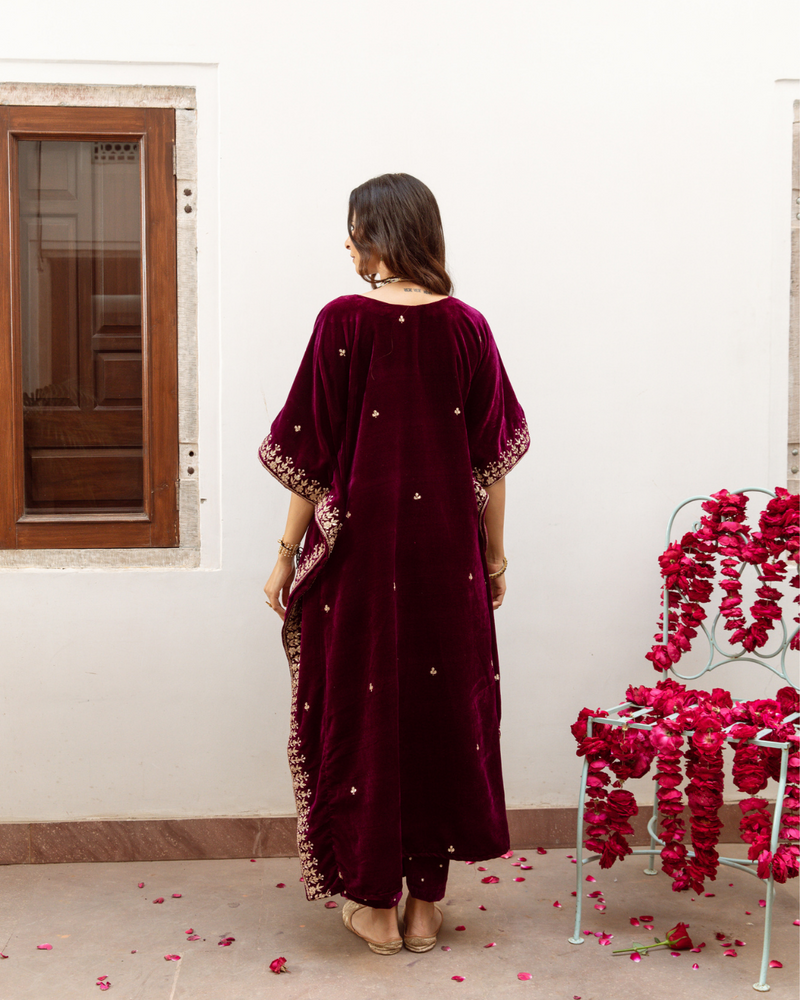 Ibtida - Velvet Embroidered Kaftan Set silk by Maison Shefali in purple color for women Worldwide