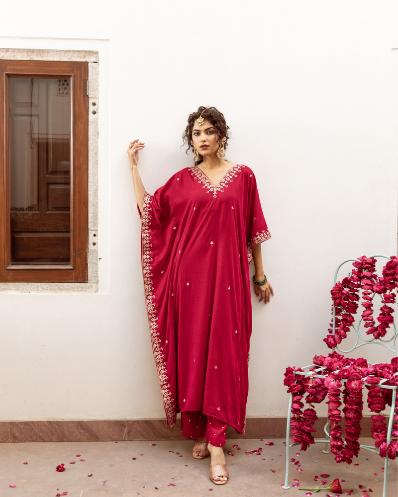 Ibtida Gulabi - Velvet Embroidered Kaftan Set silk by Maison Shefali in red color for women Worldwide