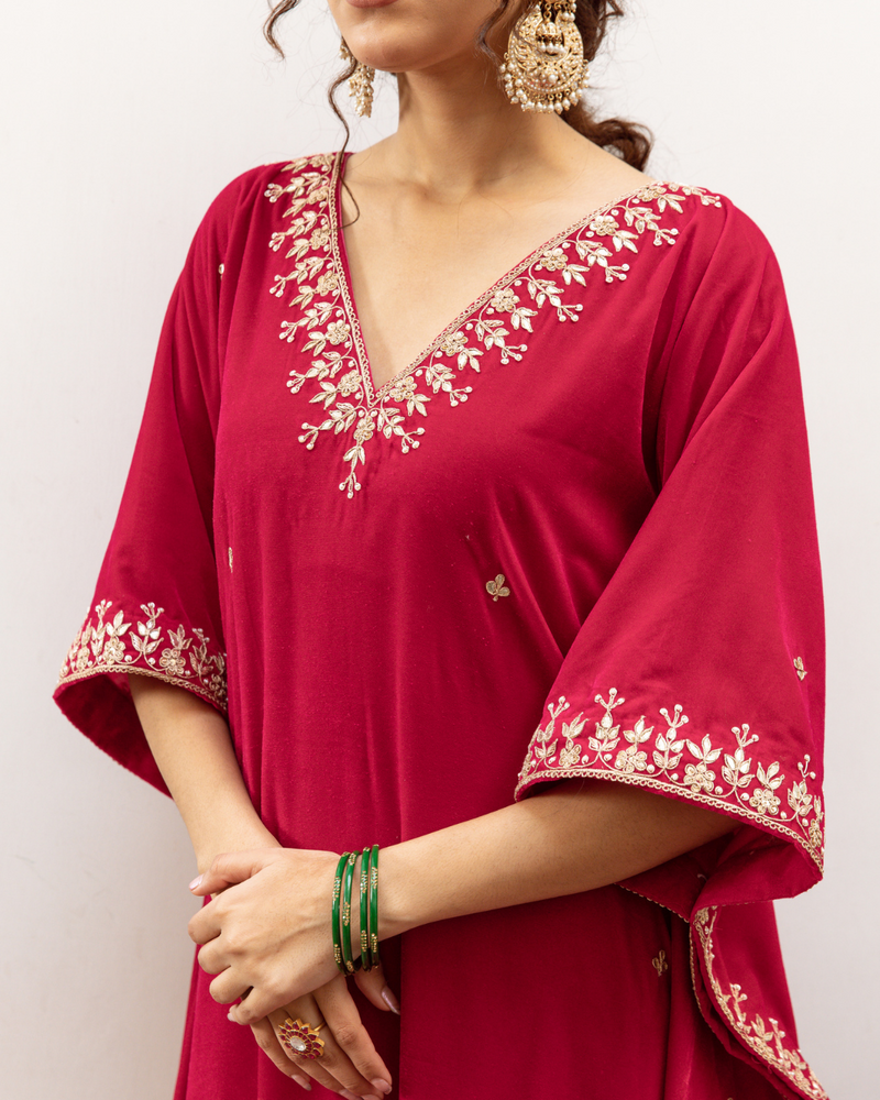 Ibtida Gulabi - Velvet Embroidered Kaftan Set silk by Maison Shefali in red color for women Worldwide