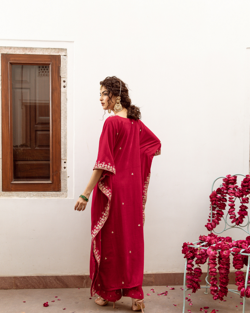 Ibtida Gulabi - Velvet Embroidered Kaftan Set silk by Maison Shefali in red color for women Worldwide