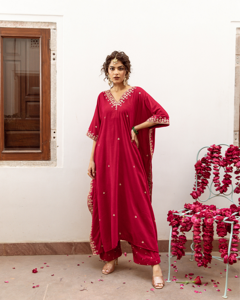 Ibtida Gulabi - Velvet Embroidered Kaftan Set silk by Maison Shefali in red color for women Worldwide
