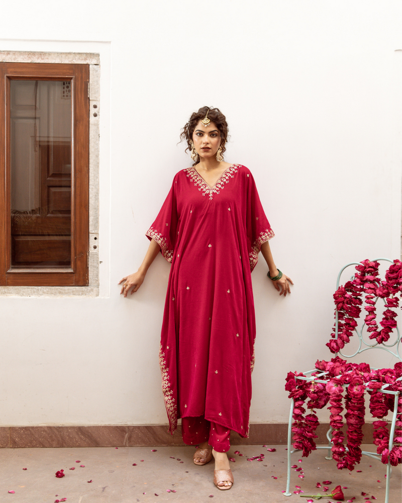 Ibtida Gulabi - Velvet Embroidered Kaftan Set silk by Maison Shefali in red color for women Worldwide