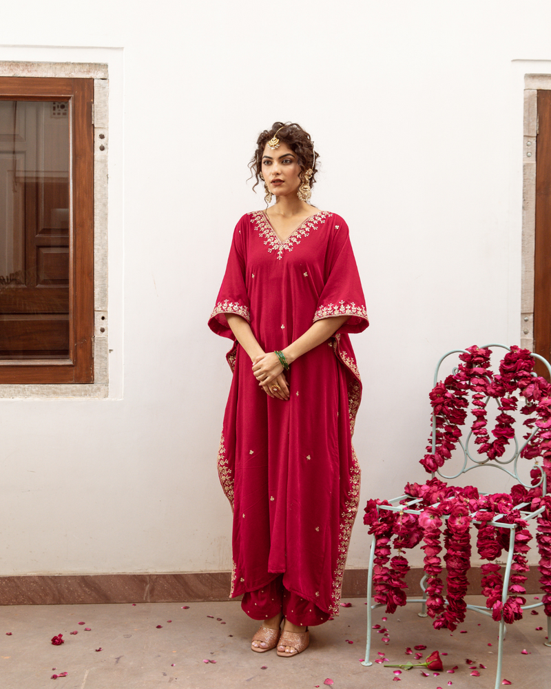 Ibtida Gulabi - Velvet Embroidered Kaftan Set silk by Maison Shefali in red color for women Worldwide