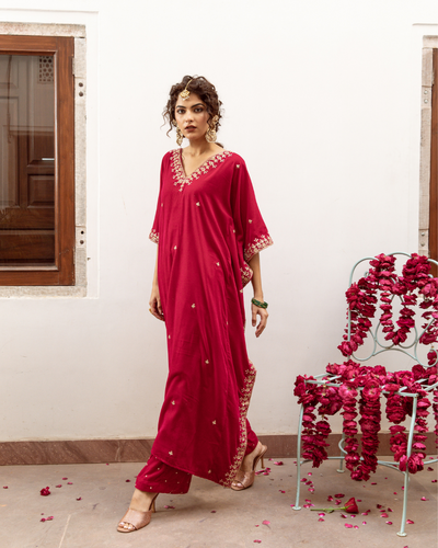 Ibtida Gulabi - Velvet Embroidered Kaftan Set