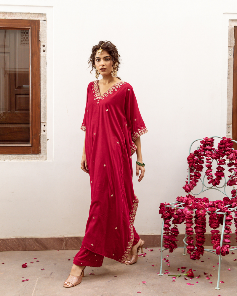 Ibtida Gulabi - Velvet Embroidered Kaftan Set silk by Maison Shefali in red color for women Worldwide