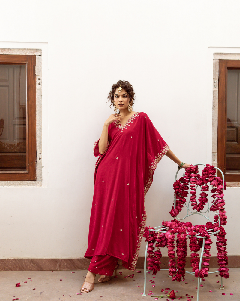 Ibtida Gulabi - Velvet Embroidered Kaftan Set silk by Maison Shefali in red color for women Worldwide