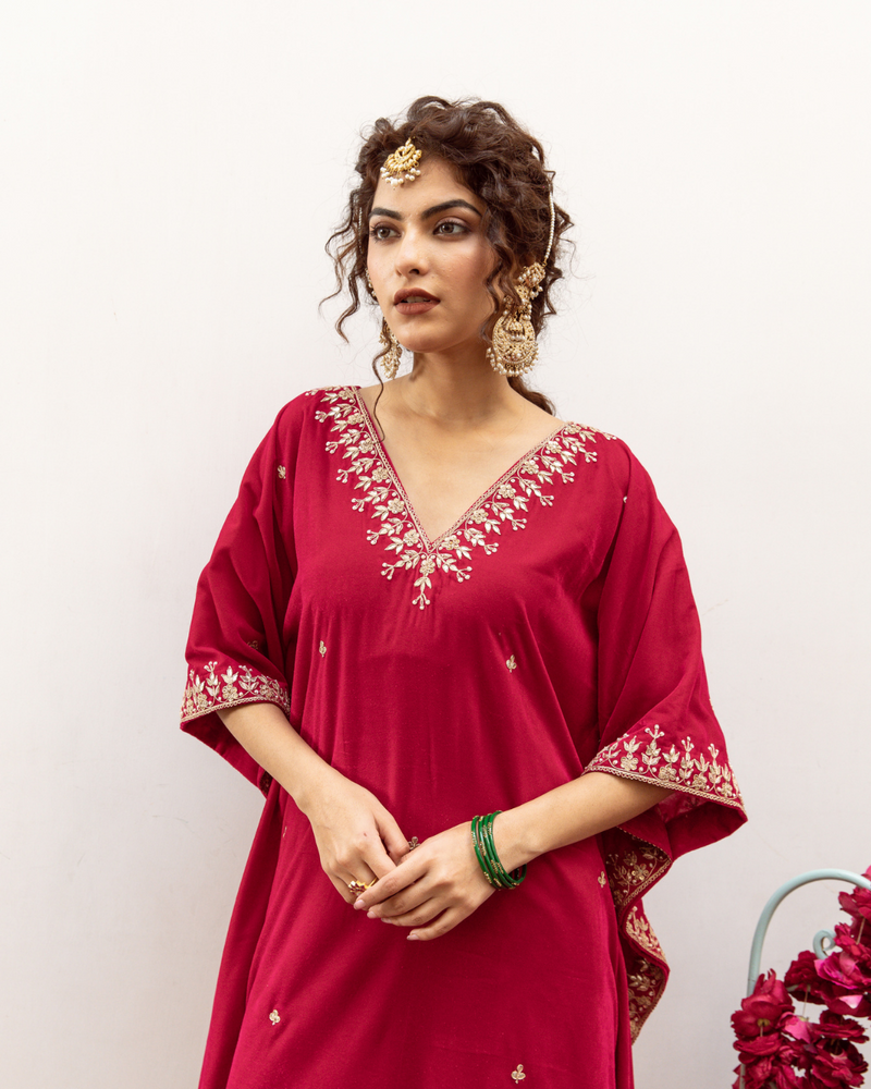 Ibtida Gulabi - Velvet Embroidered Kaftan Set silk by Maison Shefali in red color for women Worldwide