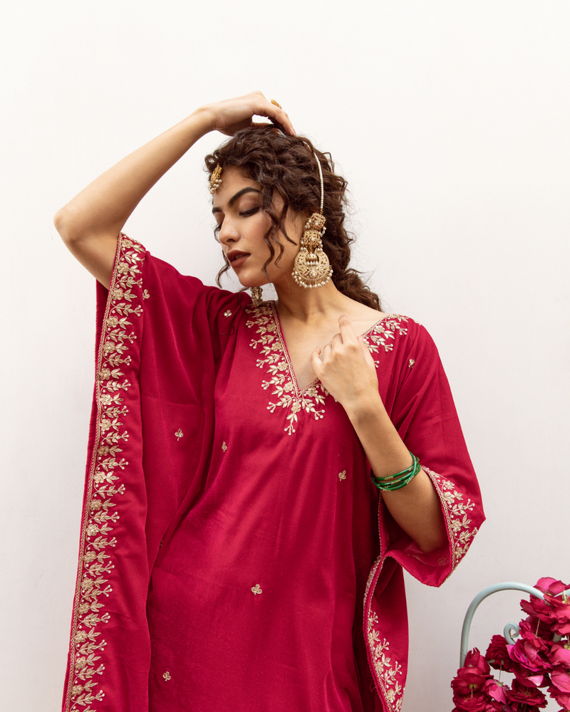 Ibtida Gulabi - Velvet Embroidered Kaftan Set silk by Maison Shefali in red color for women Worldwide