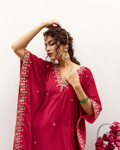 Ibtida Gulabi - Velvet Embroidered Kaftan Set