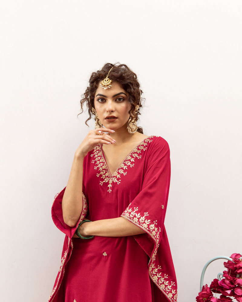 Ibtida Gulabi - Velvet Embroidered Kaftan Set silk by Maison Shefali in red color for women Worldwide