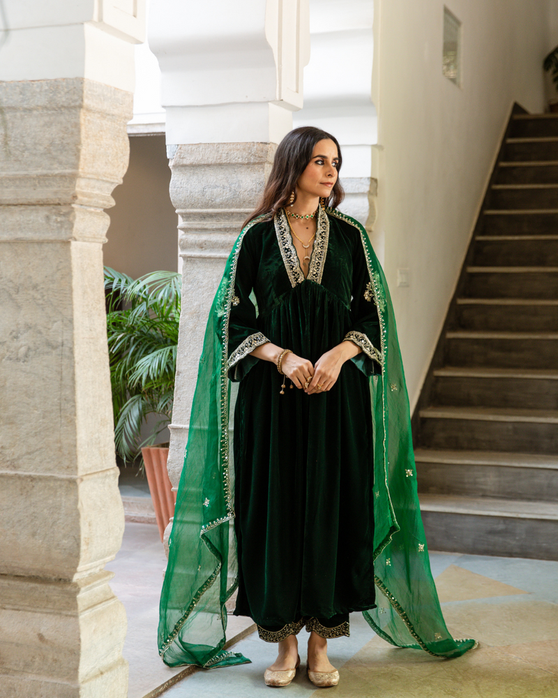 Khizaan Panna - Velvet Embroidered Suit Set by Maison Shefali in green color for women Worldwide