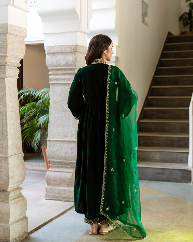 Khizaan Panna - Velvet Embroidered Suit Set by Maison Shefali in green color for women Worldwide