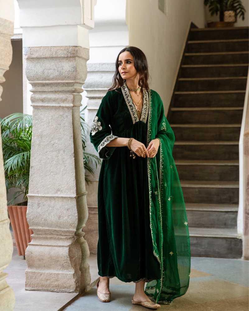Khizaan Panna - Velvet Embroidered Suit Set by Maison Shefali in green color for women Worldwide