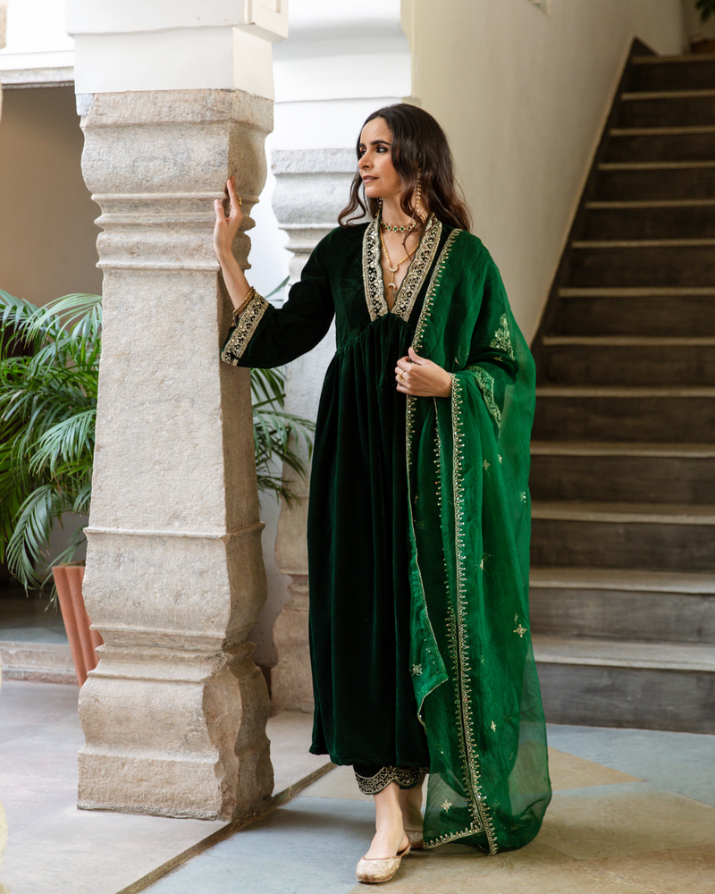 Khizaan Panna - Velvet Embroidered Suit Set by Maison Shefali in green color for women Worldwide