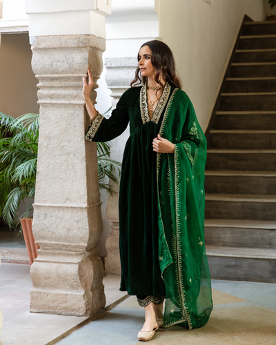 Khizaan Panna - Velvet Embroidered Suit Set