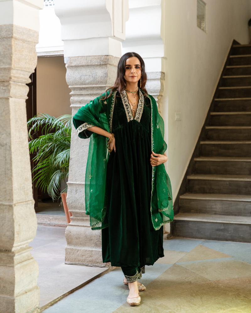 Khizaan Panna - Velvet Embroidered Suit Set by Maison Shefali in green color for women Worldwide