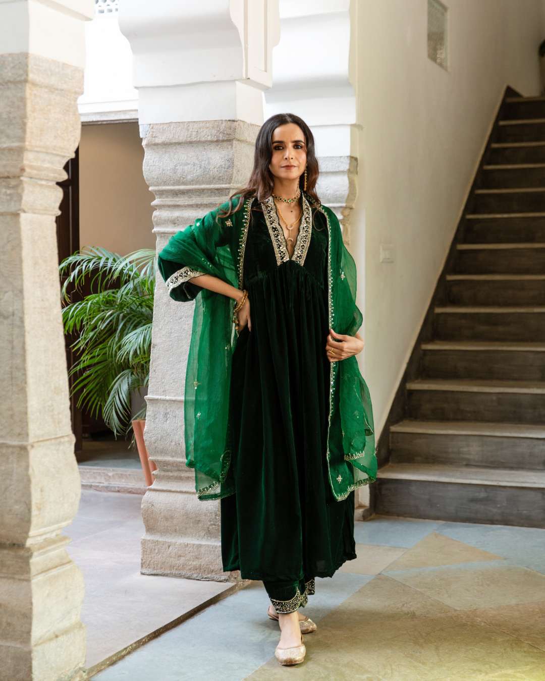 Khizaan Panna - Velvet Embroidered Suit Set