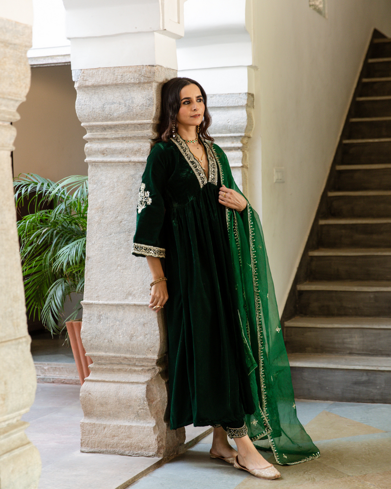 Khizaan Panna - Velvet Embroidered Suit Set by Maison Shefali in green color for women Worldwide