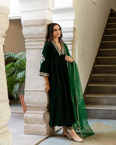 Khizaan Panna - Velvet Embroidered Suit Set