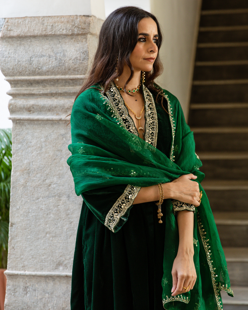 Khizaan Panna - Velvet Embroidered Suit Set by Maison Shefali in green color for women Worldwide
