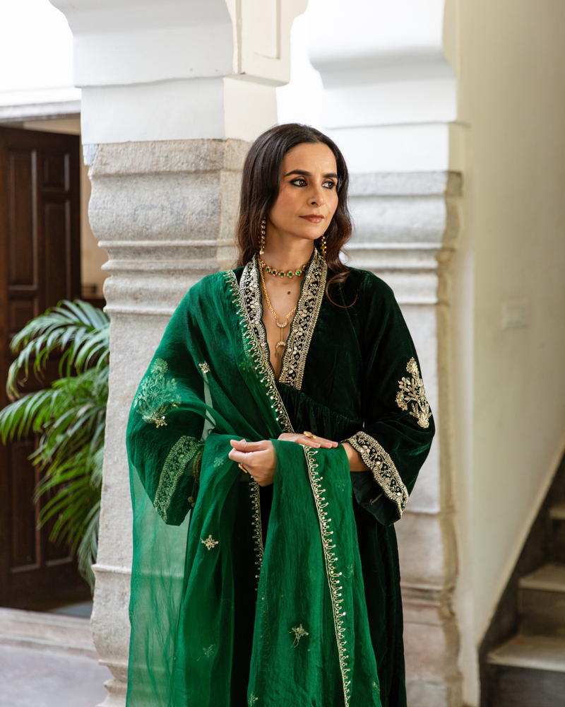 Khizaan Panna - Velvet Embroidered Suit Set by Maison Shefali in green color for women Worldwide
