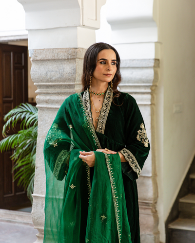 Khizaan Panna - Velvet Embroidered Suit Set