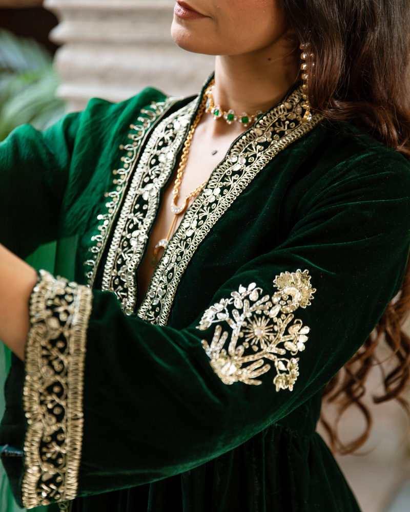 Khizaan Panna - Velvet Embroidered Suit Set by Maison Shefali in green color for women Worldwide