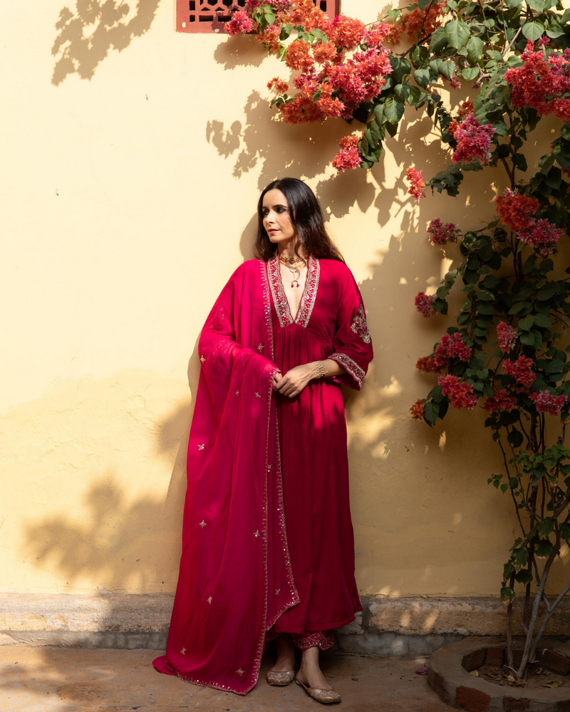 Khizaan Gulabi - Velvet Embroidered Suit Set by Maison Shefali in red color for women Worldwide