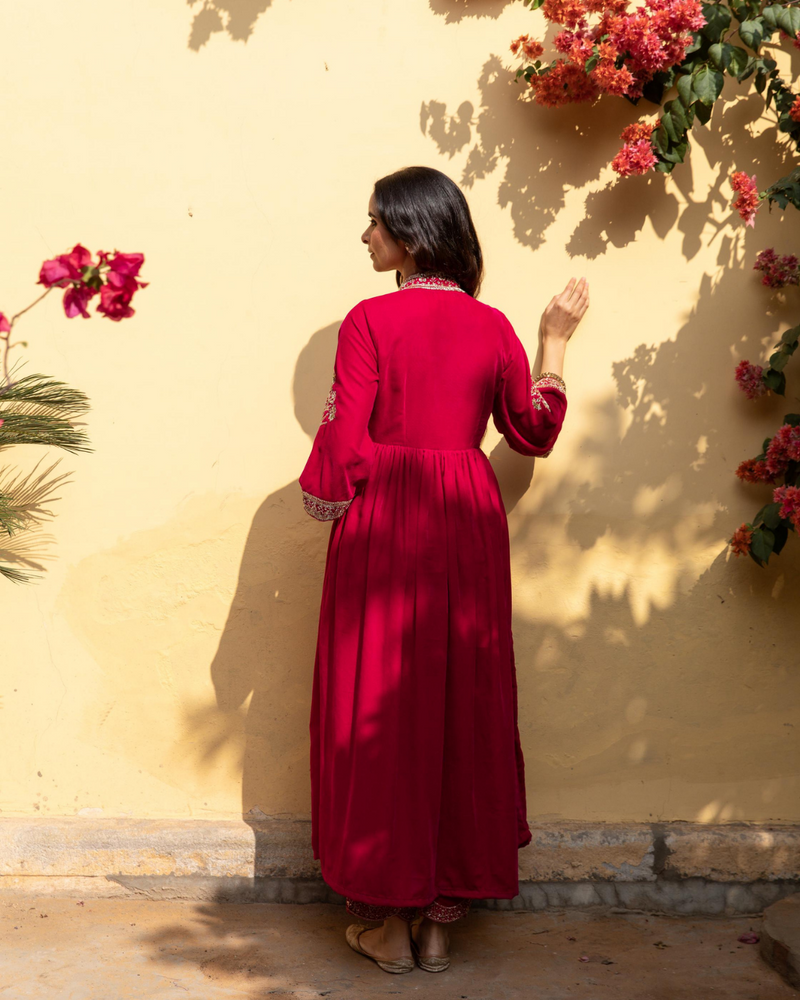 Khizaan Gulabi - Velvet Embroidered Suit Set by Maison Shefali in red color for women Worldwide