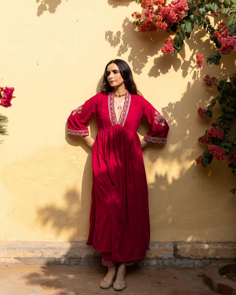 Khizaan Gulabi - Velvet Embroidered Suit Set by Maison Shefali in red color for women Worldwide
