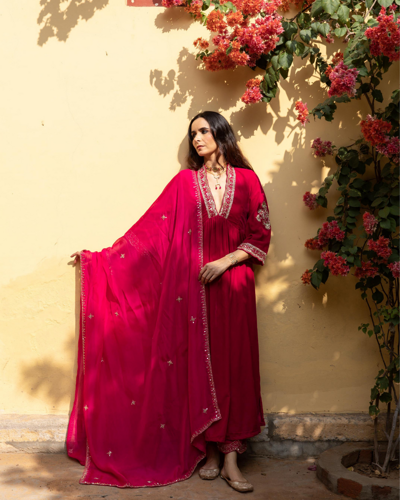Khizaan Gulabi - Velvet Embroidered Suit Set by Maison Shefali in red color for women Worldwide