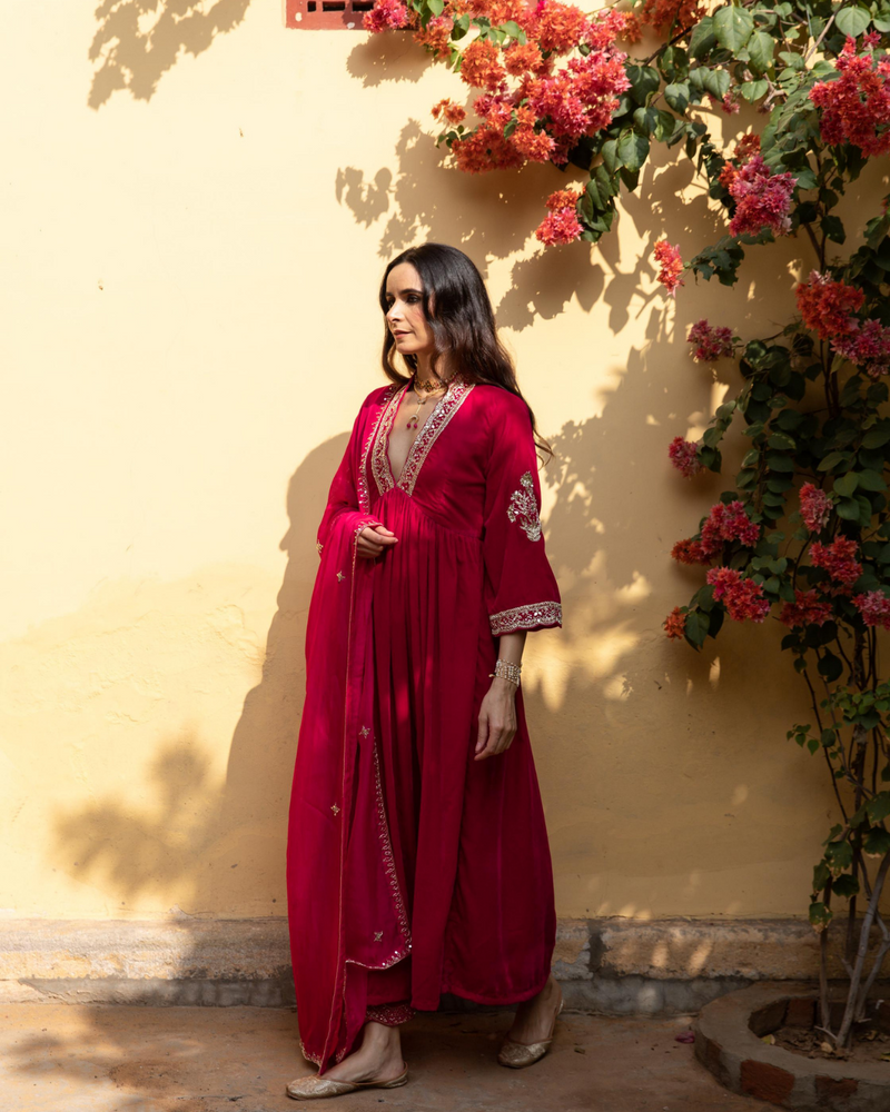 Khizaan Gulabi - Velvet Embroidered Suit Set by Maison Shefali in red color for women Worldwide