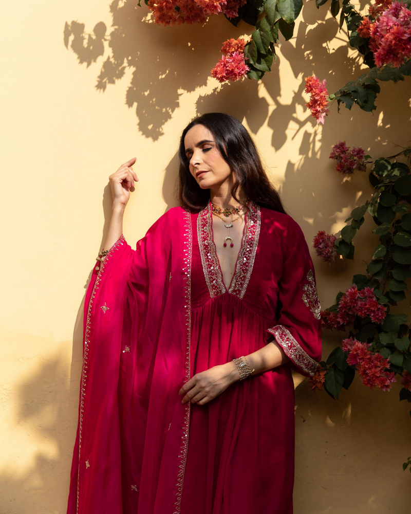 Khizaan Gulabi - Velvet Embroidered Suit Set by Maison Shefali in red color for women Worldwide