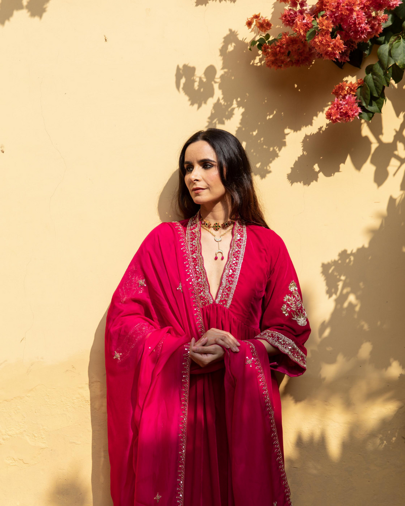 Khizaan Gulabi - Velvet Embroidered Suit Set by Maison Shefali in red color for women Worldwide