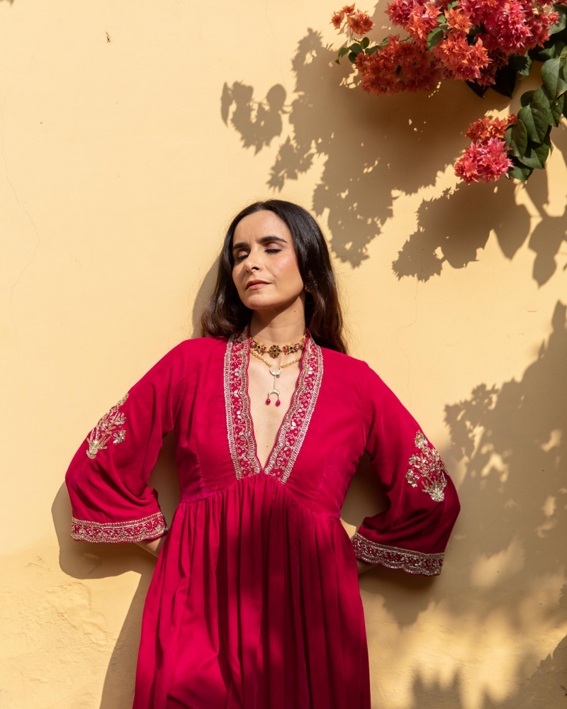 Khizaan Gulabi - Velvet Embroidered Suit Set by Maison Shefali in red color for women Worldwide