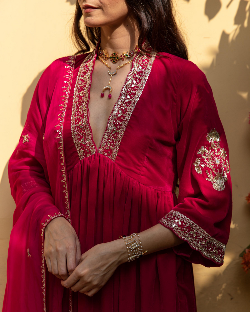 Khizaan Gulabi - Velvet Embroidered Suit Set by Maison Shefali in red color for women Worldwide