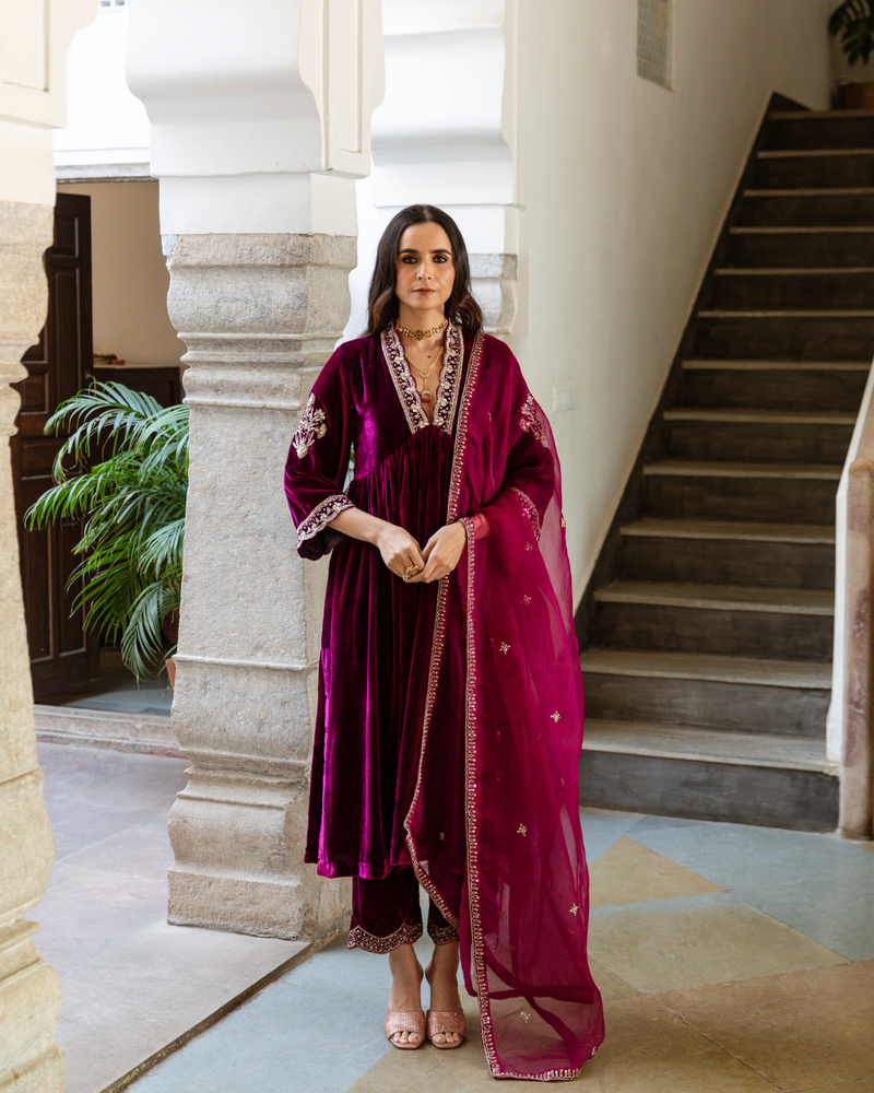 Khizaan - Velvet Embroidered Suit Set by Maison Shefali in purple color for women Worldwide